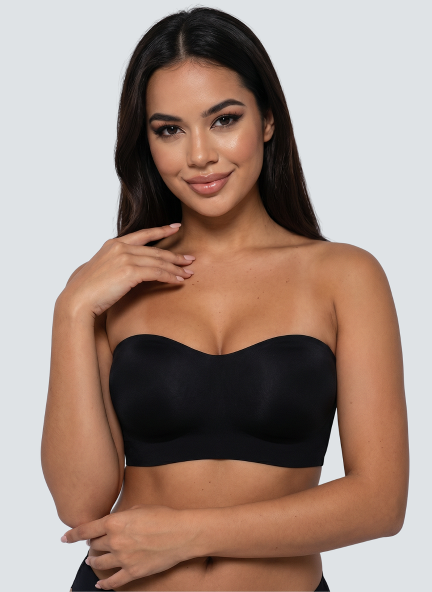 Bandeau Onde MUE en noir, porté de face, sans bretelles