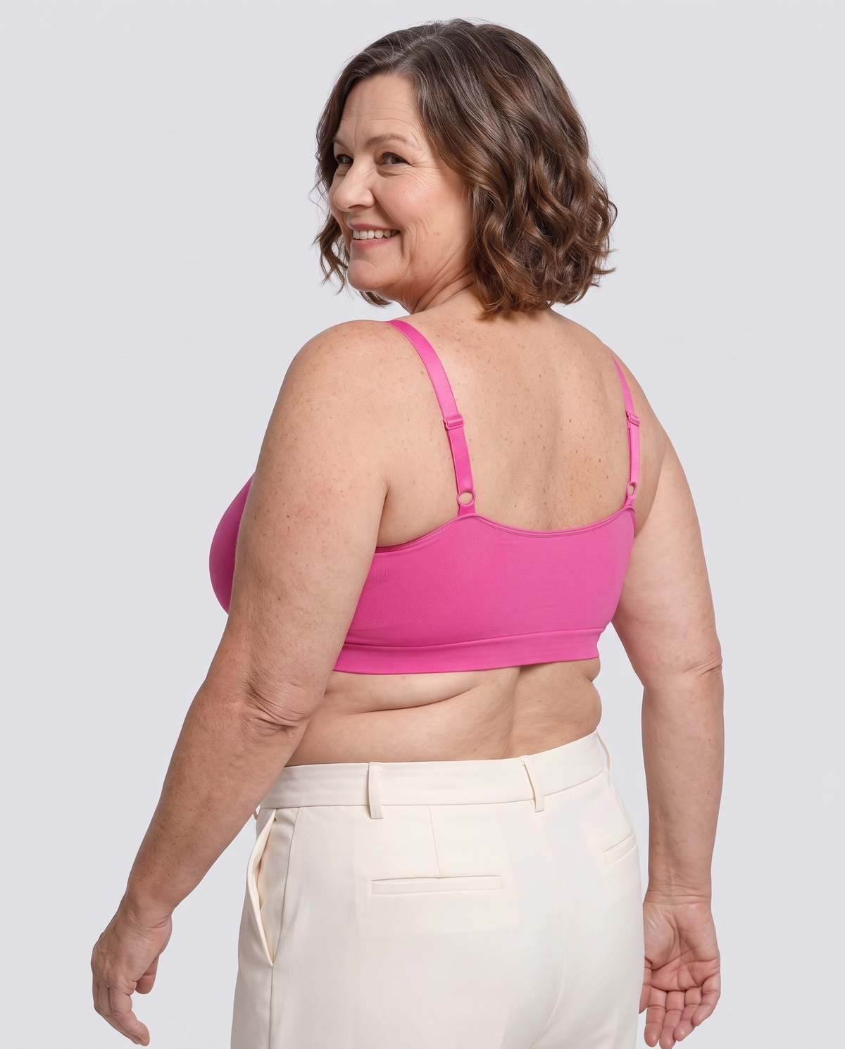 Soutien-gorge Halo MUE en rose vif, vu de trois quarts dos