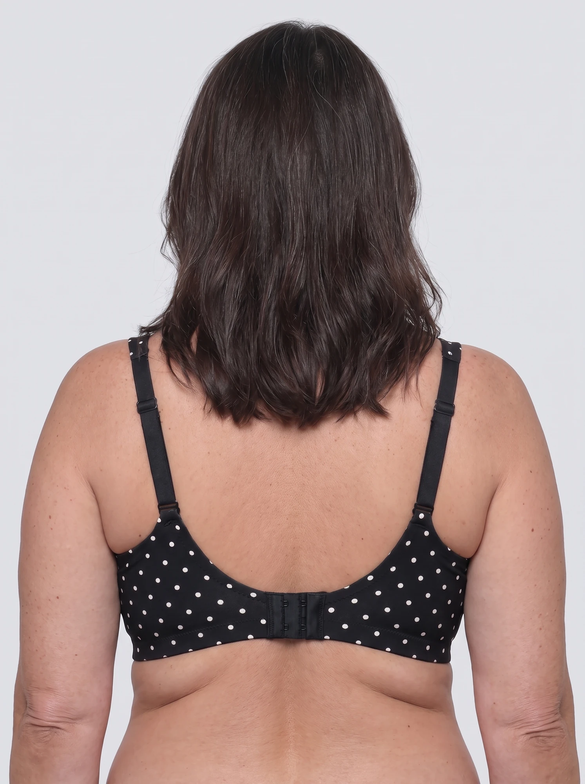 Soutien-gorge Pois MUE noir à pois blancs, vu de dos, agrafes centrales