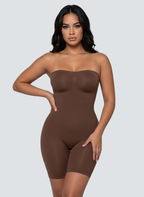 Body Écume MUE en caramel, bustier sans bretelles, jambes mi-cuisses