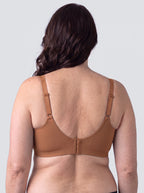Soutien-gorge Aube MUE en caramel, vu de dos, bretelles réglables et fermeture centrale