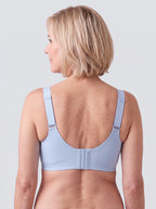 Soutien-gorge Lisière MUE en bleu clair, vu de dos, bretelles réglables et agrafes centrales