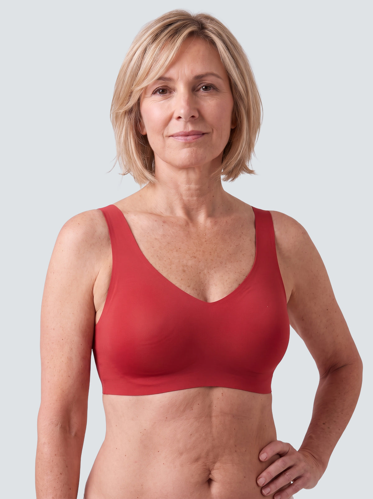 Soutien-gorge Lisière MUE en rouge, porté de face