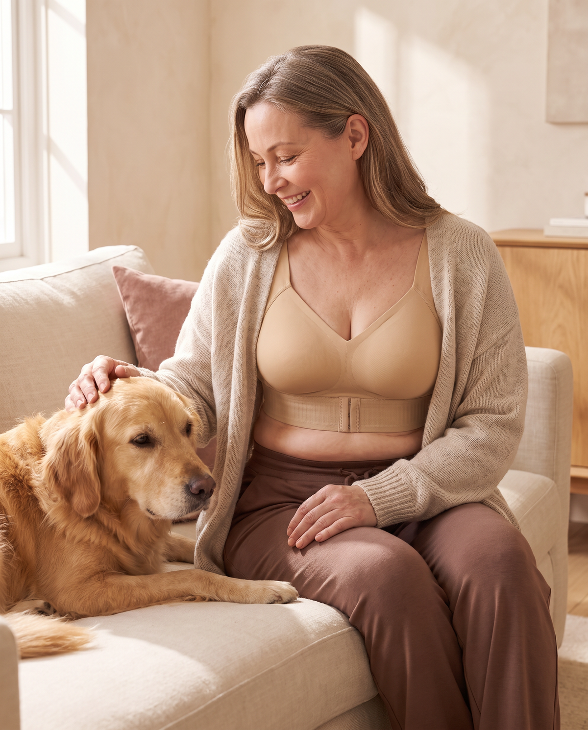 Une femme porte MUE Déclic sous un cardigan et caresse son golden retriever dans son salon.