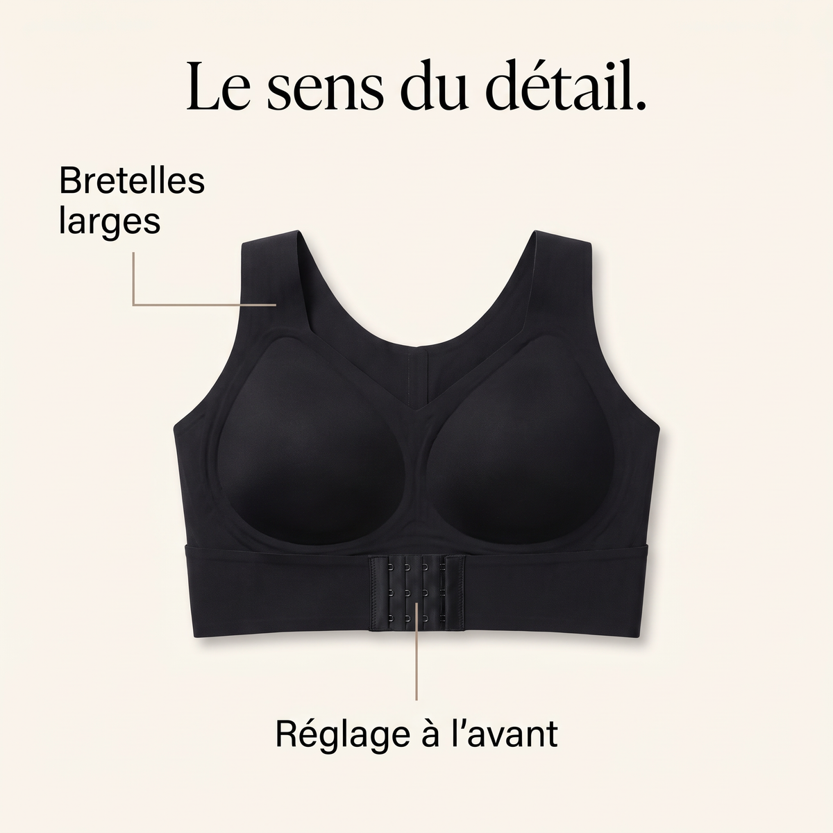 Infographie du soutien-gorge noir à plat : bretelles larges et réglage à l’avant