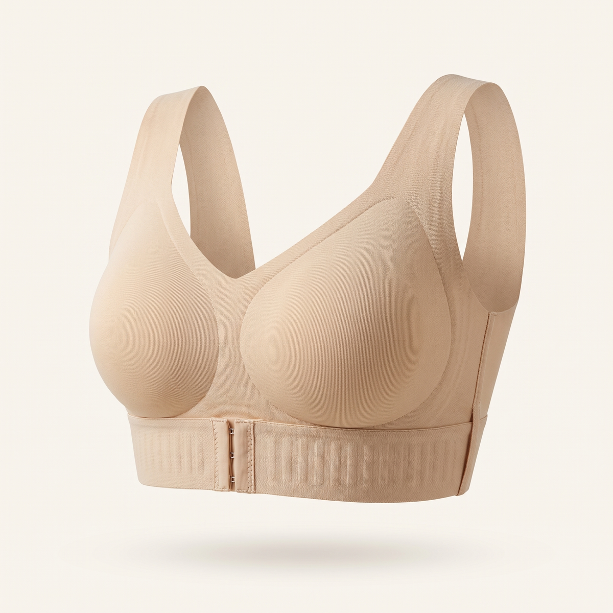 Soutien-gorge beige retouché, vue de face et fermeture centrale