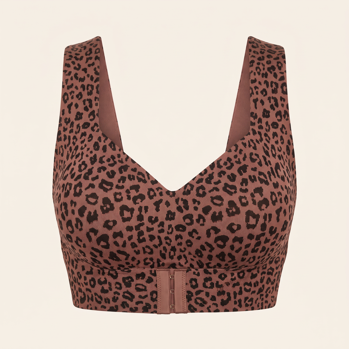 Soutien-gorge léopard brun retouché, vue de face et motifs
