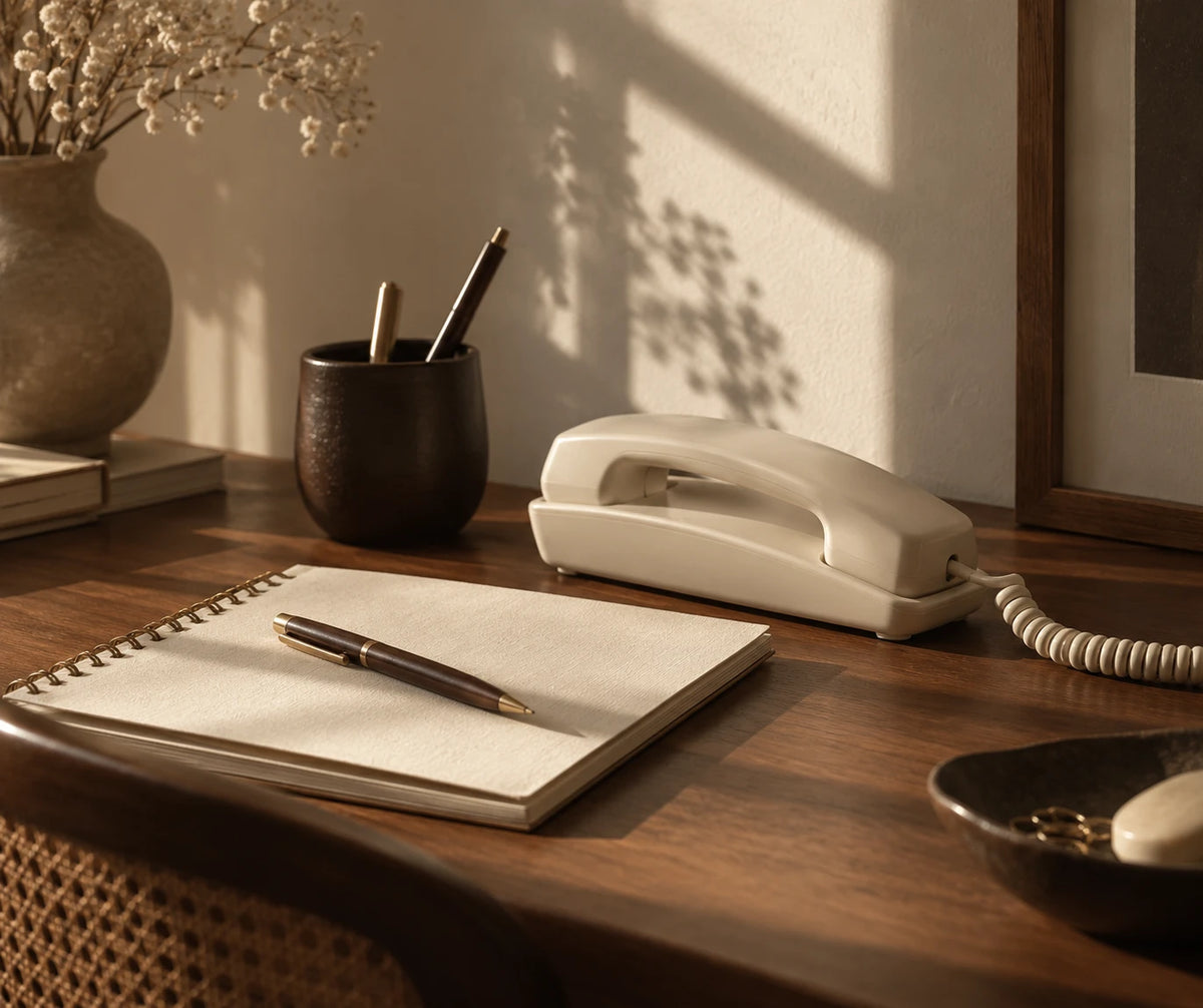 Bureau avec téléphone et carnet, lumière d'après-midi