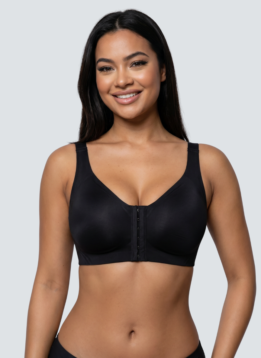 Soutien-gorge Ancrage MUE en noir, porté de face, fermeture agrafée devant