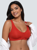 Soutien-gorge Ancrage MUE en rouge, porté de face sous une chemise blanche
